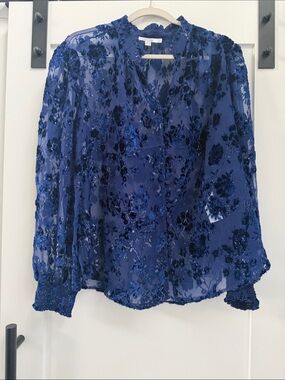 Chico's Deep Blue Sheer Floral Burnout Blouse